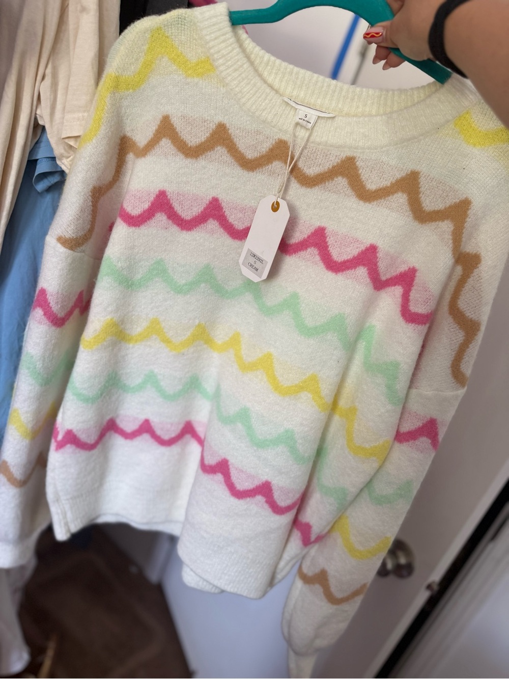 Love Riche Cream Sweater with Pink, Mint, Yellow & Tan Wave Stripes